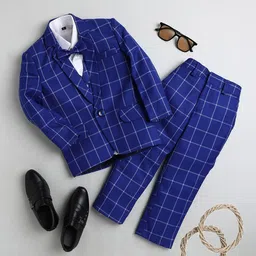 Jeetethnics Boys Navy Blue & White 4 Piece Single-Breasted Checked Suit With Bow-image-2