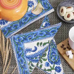 BLOCKS OF INDIA White & Blue Set Of 6 Paisley Printed Pure Cotton Table Napkins-picture-30