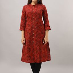 HERE&NOW Maroon Mandarin Collar Floral Straight A-Line Kurta-picture-20