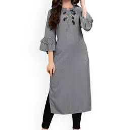 KALINI Floral Embroidered Mandarin Collar Bell Sleeves Beads & Stones Straight Kurta-image-47