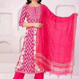 TOULIN Floral Printed Regular Thread Work Kurta with Palazzos & With Dupatta-picture-15