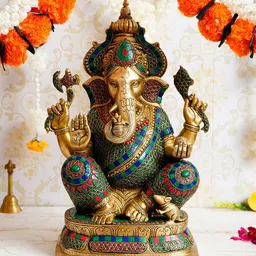 eCraftIndia Gold-Toned & Red Antique Look Lord Ganesha Handcrafted Brass Idol Showpiece-image-30