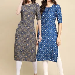 7threads KALINI Women Pack Of 2 Grey & Blue Ethnic Motifs Printed Crepe Kurta image 1