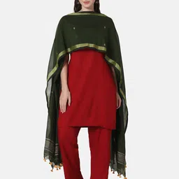 THE WEAVE TRAVELLER Green & Gold-Toned Woven Design Pure Cotton Dupatta with Zari image 1
