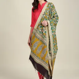 Dupatta Bazaar Green & Yellow Dyed Pure Cotton Kalamkari Dupatta-image-33