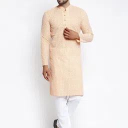 Jompers Men Orange Ethnic Motifs Embroidered Chikankari Pure Cotton Kurta with Pyjamas-picture-10