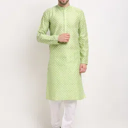 Jompers Men Green Ethnic Motifs Embroidered Chikankari Dupion Silk Kurta with Pyjamas-picture-40