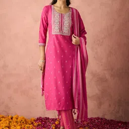 KALINI Ethnic Motifs Embroidered Straight Kurta With Trousers And Dupatta-picture-27