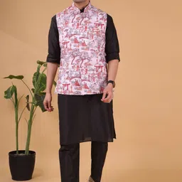 SHIWAM ETHNIX Mandarin Collar Kurta with Pyjamas & Nehru Jacket-picture-24