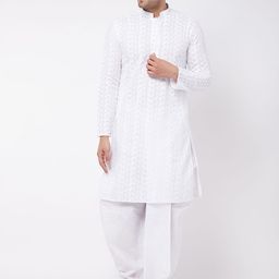 VASTRAMAY Men White Ethnic Motifs Embroidered Chikankari Pure Cotton Kurta with Dhoti Pants-picture-47