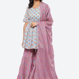 Biba Women Blue Floral Printed Kurta with Sharara & Dupatta Set-picture-44
