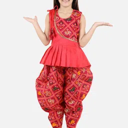 BownBee Girls Pink Ethnic Motifs Printed Pleated Gotta Patti Kurti with Dhoti Pants image 1