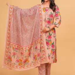 TANISHA Floral Printed Tie-Up Neck Three-Quarter Sleeves Regular Kurta & Trouser & Dupatta-picture-14