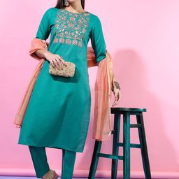 Vishudh Women Green Embriodered Straight Kurta With Trousers & With Dupatta-picture-31