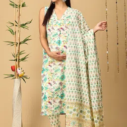 The Mom Store Floral Printed Regular Pure Cotton Maternity Kurta with Pyjamas & Dupatta-picture-17