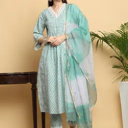 KALINI Floral Printed V-Neck Three-Quarter Sleeves Pure Cotton Kurta Set-picture-25