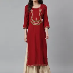 DECKEDUP Women Maroon Embroidered Layered Kurti with Sharara-image-14
