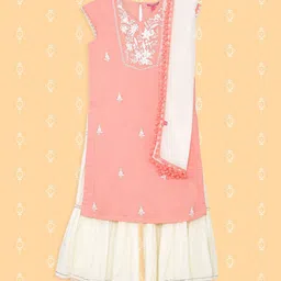 Biba Girls Peach-Coloured Embroidered Pure Cotton Kurta with Sharara & With Dupatta-picture-38