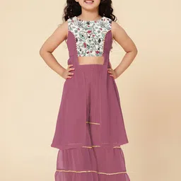 a.t.u.n. A T U N Girls Mauve Floral Embroidered Top with Sharara-picture-28