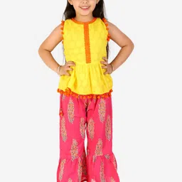 KID1 Girls Yellow Ethnic Motifs Pleated Pure Cotton Kurti with Sharara-picture-48