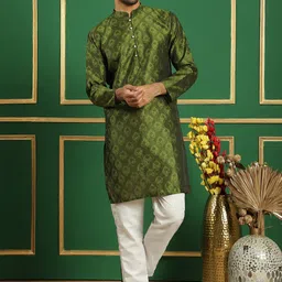 Anouk Olive Green Ethnic Motifs Jacquard Woven Design Cotton Silk Straight Kurta-picture-41