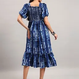 Jash Creation Women Blue Tie and Dye Print Puff Sleeve Crepe Fit & Flare Midi Dress image 2
