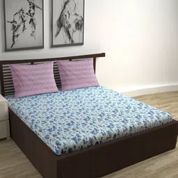 Divine Casa Blue & Navy Blue Floral 144 TC Queen Bedsheet with 2 Pillow Covers-image-62