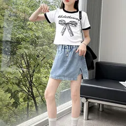 LULU & SKY Girls Bow Printed T-shirt With Denim Skort-picture-16