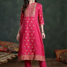 Indo Era Women Ethnic Motifs Printed Panelled Thread Work Pure Cotton Kurta with Trousers-picture-40