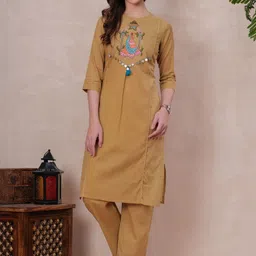 Jyoti Ethnic Motifs Embroidered Mirror Work Pure Cotton Straight Kurta with Trousers image 5