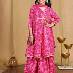 Cutiekins Girls Bandhani Printed Angrakha Gotta Patti Kurta with Sharara & With Dupatta-picture-9