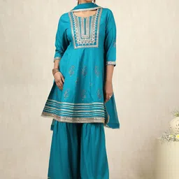 Soch Ethnic Motifs Yoke Design Round Neck A-Line Kurti With Sharara & Dupatta-picture-26