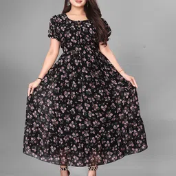 QENA Floral Print Puff Sleeve Georgette Fit & Flare Maxi Dress-picture-12