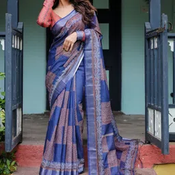 MAHARANI COUTURE Checked Zari Pure Linen Banarasi Saree-picture-37