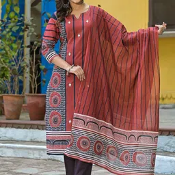 AUTUMN LANE Floral Printed Notch Neck Pure Cotton Straight Kurta With Trouser And Dupatta-picture-37