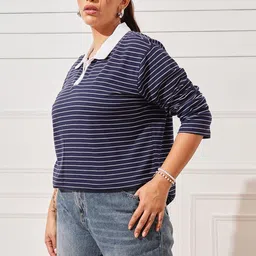 CURVY STREET Women Striped Polo Collar T-shirt-picture-13