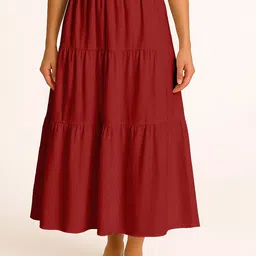 Moomaya Women Flowy Tiered Solid Maxi Skirt-picture-30