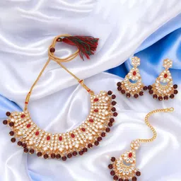 DIVASTRI Gold-Plated Kundan-Studded & Beaded Jewellery Set image 4