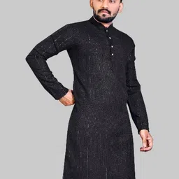 click n buy Men Solid Straight Kurta (Black)-picture-35