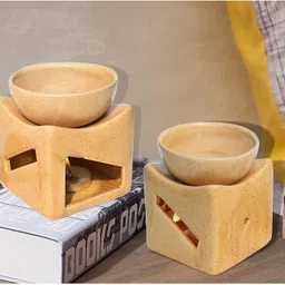 landslide Ceramic Square Aroma, Burner with 1 Tea Light Candle, Dotted Brown 4 Inch Diffuser Set image 3
