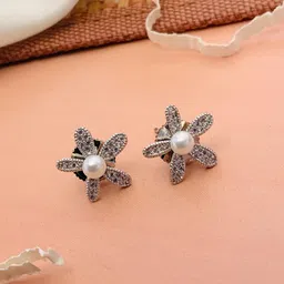 Anouk Silver-Plated American Diamond & Pearls Studded Floral Shaped Studs image 2