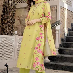 KALINI Women Floral Printed Regular Thread Work Chanderi Silk Kurta with Trousers & With Dupatta image 4