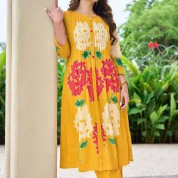 GoSriKi Floral Printed Pleated Straight Kurta With Trousers image 3