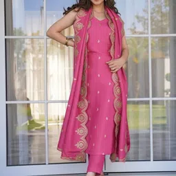 little heaven Women Ethnic Motifs Embroidered Regular Thread Work Chanderi Silk Kurta with Trousers & With image 5