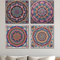 nestroots Blue & Pink 4 Pieces Intricate Mandala Flower Canvas Painting Wall Arts-image-69