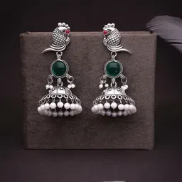 Anouk Silver-Plated Artificial Stones Studded & Beads Beaded Dome Jhumkas-picture-42