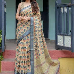 ALMAARI FASHION Floral Pure Linen Banarasi Saree With Unstitched Blouse Piece-picture-28