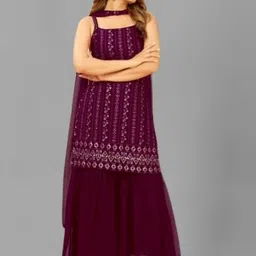 PARROT CREATION Floral Embroidered Sequinned Georgette Kurti With Sharara And Dupatta-picture-14