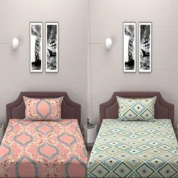 BELVOSTUM Pink & Green 250 TC 2 Single Bedsheet with 2 Pillow Covers-image-16