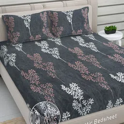 Myntra Elegant Homes Grey & White Floral 300 TC King Bedsheet with 2 Pillow Covers-image-28